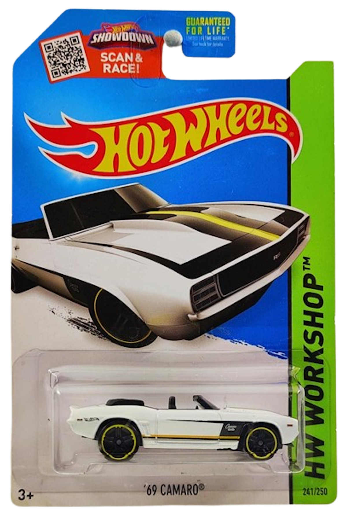 Hot Wheels 2015 - Collector # 241/250 - HW Workshop / Then and Now - '69 Camaro (Convertible) - White / Black & Yellow Stripes - Black PR5 Wheels - USA 'Scan & Race' Card