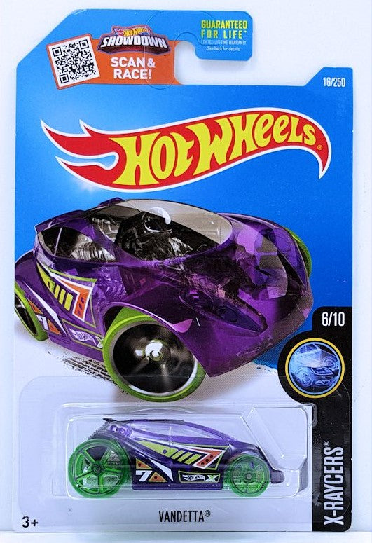 Hot Wheels 2016 - Collector # 016/250 - X-Raycers 6/10 - Vandetta - Transparent Purple - USA 'Showdown' Card