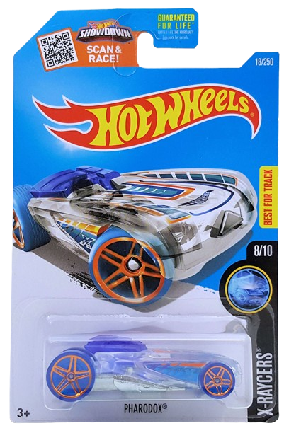 Hot Wheels 2016 - Collector # 018/250 - X-Raycers 8/10 - Pharodox - Clear & Transparent Blue - USA 'Showdown' Card