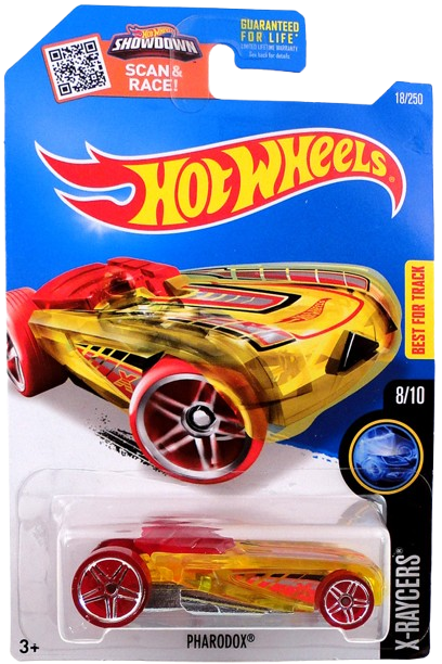 Hot Wheels 2016 - Collector # 018/250 - X-Raycers 8/10 - Pharodox - Transparent Yellow & Red - USA 'Showdown' Card