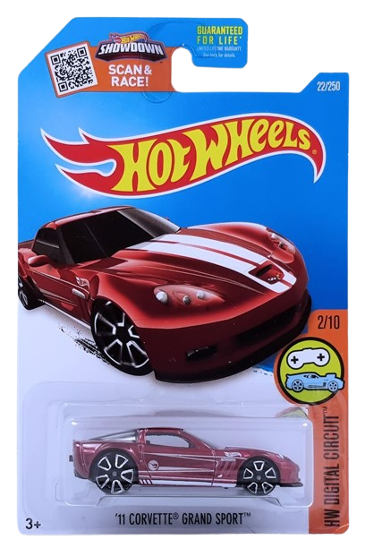 Hot Wheels 2016 - Collector # 022/250 - HW Digital Circuit 2/10 - Treasure Hunts - '11 Corvette Grand Sport - Micro Apple Red / Circle Flame Logo on Doors - USA 'Showdown' Card