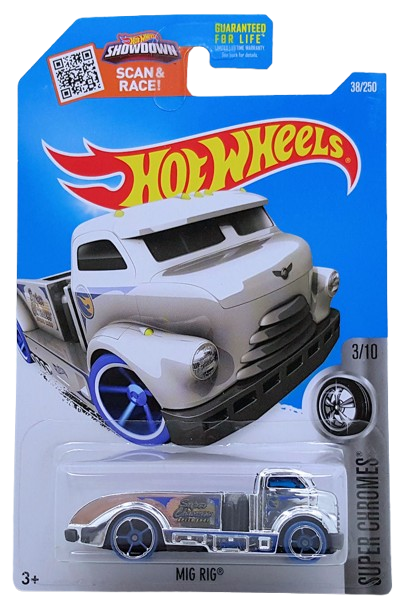 Hot Wheels 2016 - Collector # 038/250 - Super Chromes 3/10 - Treasure Hunts - Mig Rig - Chrome Body / Circle Flame Logo on Doors / Blue Windows - USA 'Showdown' Card