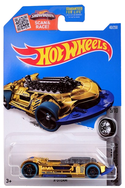 Hot Wheels 2016 - Collector # 040/250 - Super Chromes 5/10 - X-Steam - Gold Chrome / Blue - USA ‘Showdown’ Card