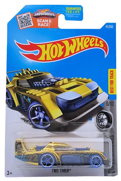 Hot Wheels 2016 - Collector # 041/250 - Super Chromes 6/10 - Two Timer - Gold Chrome / Blue - USA ‘Showdown’ Card