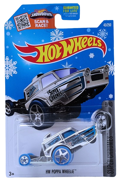 Hot Wheels 2016 - Collector # 043/250 - Super Chromes 8/10 - HW Poppa Wheelie - Chrome / Blue - USA ‘Showdown - Snowflake’ Card only at Target