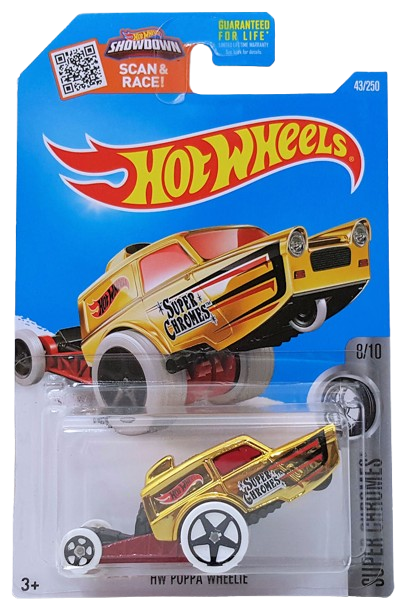 Hot Wheels 2016 - Collector # 043/250 - Super Chromes 8/10 - HW Poppa Wheelie - Gold Chrome / Red - USA ‘Showdown’ Card