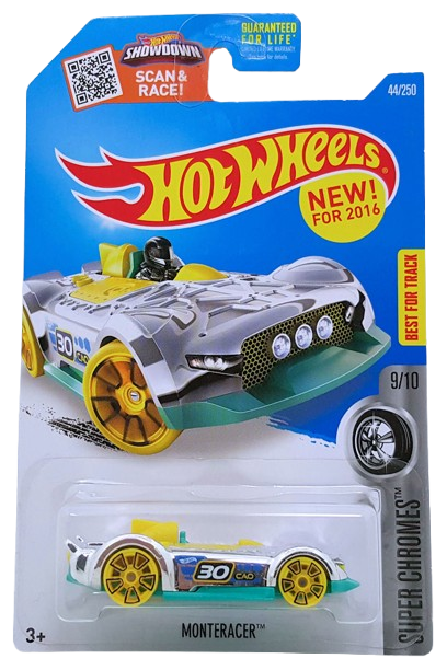 Hot Wheels 2016 - Collector # 044/250 - Super Chromes 9/10 - Monteracer - Chrome / Yellow & Aqua - USA ‘Showdown’ Card