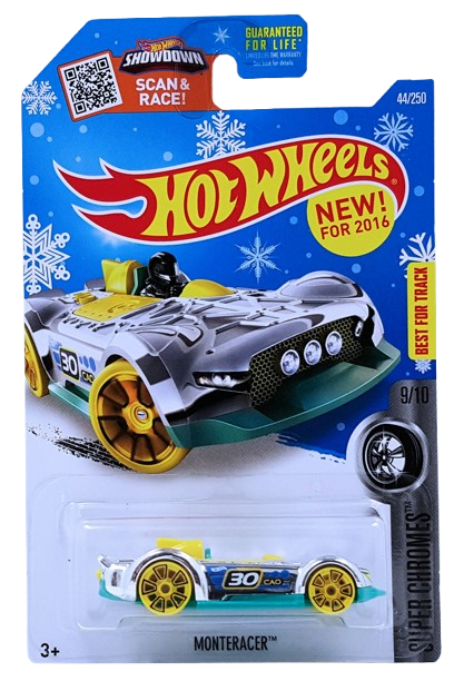 Hot Wheels 2016 - Collector # 044/250 - Super Chromes 9/10 - Monteracer - Chrome / Yellow & Aqua - USA ‘Showdown - Snowflake’ Card only at Target