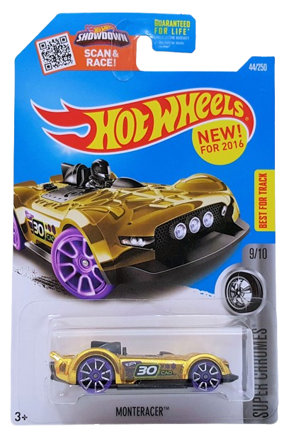 Hot Wheels 2016 - Collector # 044/250 - Super Chromes 9/10 - Monteracer - Gold Chrome / Purple & Black - USA ‘Showdown’ Card