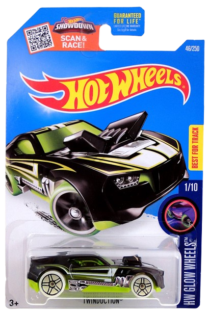 Hot Wheels 2016 - Collector # 046/250 - HW Glow Wheels 1/10 - Twinduction - Matte Black / Green - USA ‘Showdown’ Card