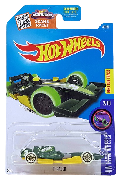 Hot Wheels 2016 - Collector # 047/250 - HW Glow Wheels 2/10 - F1 Racer - Dark Green / Yellow - USA ‘Showdown’ Card