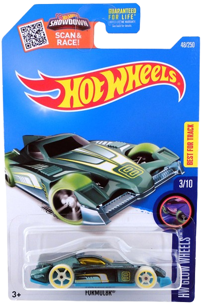 Hot Wheels 2016 - Collector # 048/250 - HW Glow Wheels 3/10 - Formul8r - Dark Green Metalflake / Aqua - USA ‘Showdown’ Card