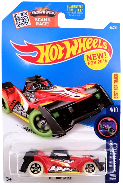 Hot Wheels 2016 - Collector # 049/250 - HW Glow Wheels 4/10 - New Models - Voltage Spike - Red Body / Yellow Base - USA ‘Showdown’ Card