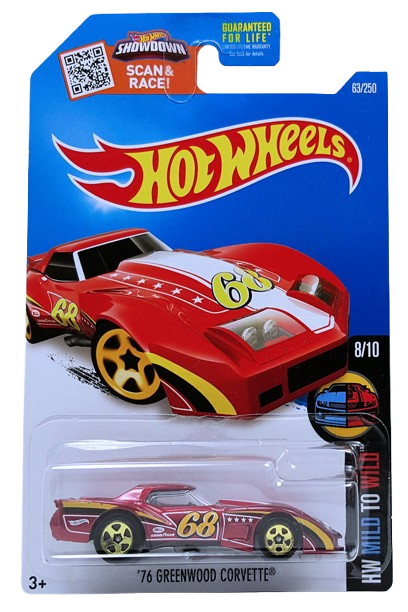 Hot Wheels 2016 - Collector # 063/250 - HW Mild to Wild 8/10 - '76 Greenwood Corvette - Red / #68 - USA ‘Showdown’ Card