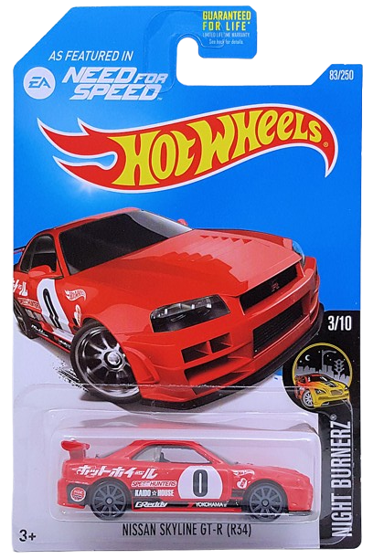 Hot Wheels 2016 - Collector # 083/250 - Night Burnerz 3/10 - Nissan Skyline GT-R (R34) - Red Body / Dark Gray Base - USA ‘Need for Speed’ Card