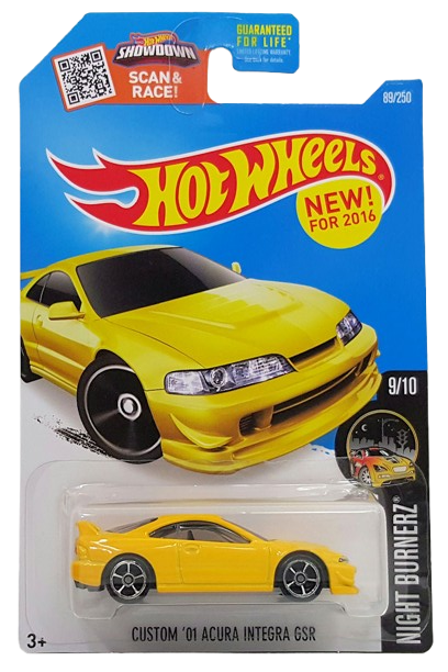 Hot Wheels 2016 - Collector # 089/250 - Night Burnerz 9/10 - New Models - Custom '01 Acura Integra GSR - Yellow - OH5SP Wheels - USA