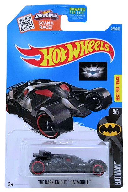 Hot Wheels 2016 - Collector # 228/250 - Batman 3/5 - The Dark Knight Batmobile - Glossy Black - Red Windshield - USA 'Showdown - Batman' Card