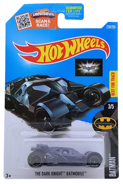 Hot Wheels 2016 - Collector # 228/250 - Batman 3/5 - The Dark Knight Batmobile - Dark Midnight Blue - Blue Windshield - USA 'Showdown - Batman' Card