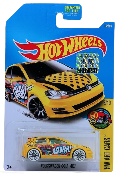 Hot Wheels 2017 - Collector # 016/365 - HW Art Cars 6/10 - Volkswagen Golf Mk7 - Yellow - 10 Spoke Wheels - FSC