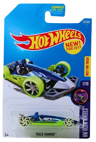 Hot Wheels 2017 - Collector # 232/365 - HW Glow Wheels 1/10 - New Models - Track Hammer - Blue Body / Bright Green Base - USA Card