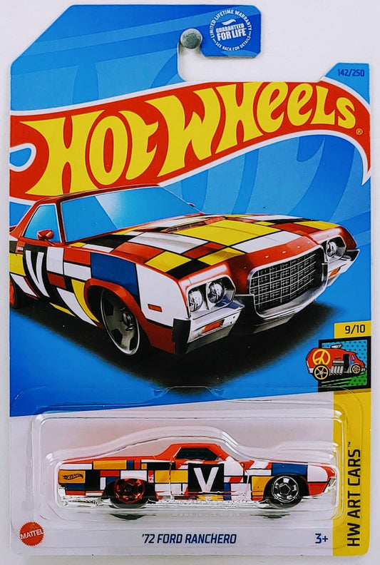 Hot Wheels 2023 - Collector # 142/250 - HW Art Cars 9/10 - '72 Ford Ranchero - Red / 'V' - USA