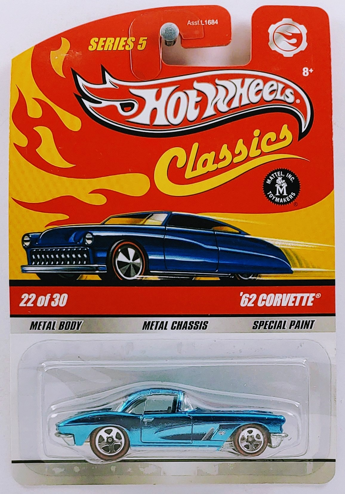 Hot Wheels 2009 - Classics Series 5 # 22/30 - '62 Corvette - Spectraflame Blue - 5 Spokes with Redlines - Metal/Metal - New Casting by Larry Wood