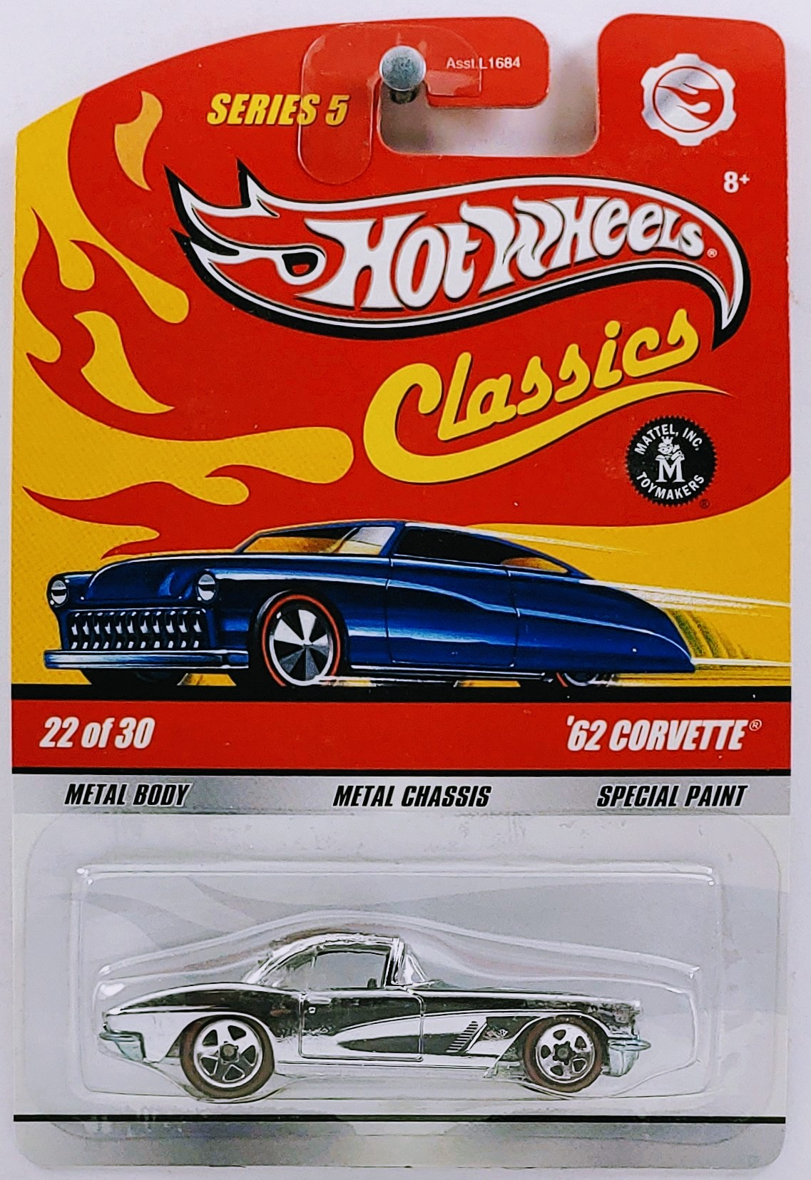 Hot Wheels 2009 - Classics Series 5 # 22/30 - '62 Corvette - Chrome - 5 Spokes with Redlines - Metal/Metal - New Casting by Larry Wood