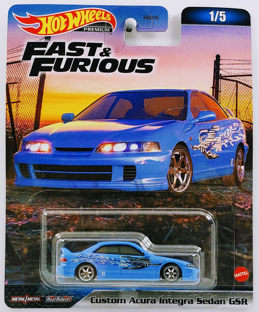 Hot Wheels 2023 - Premium / Fast & Furious # 01/05 - Custom Acura Integra Sedan GSR - Blue - Metal/Metal & Real Riders - Mix 3 - Fast & Furious Card