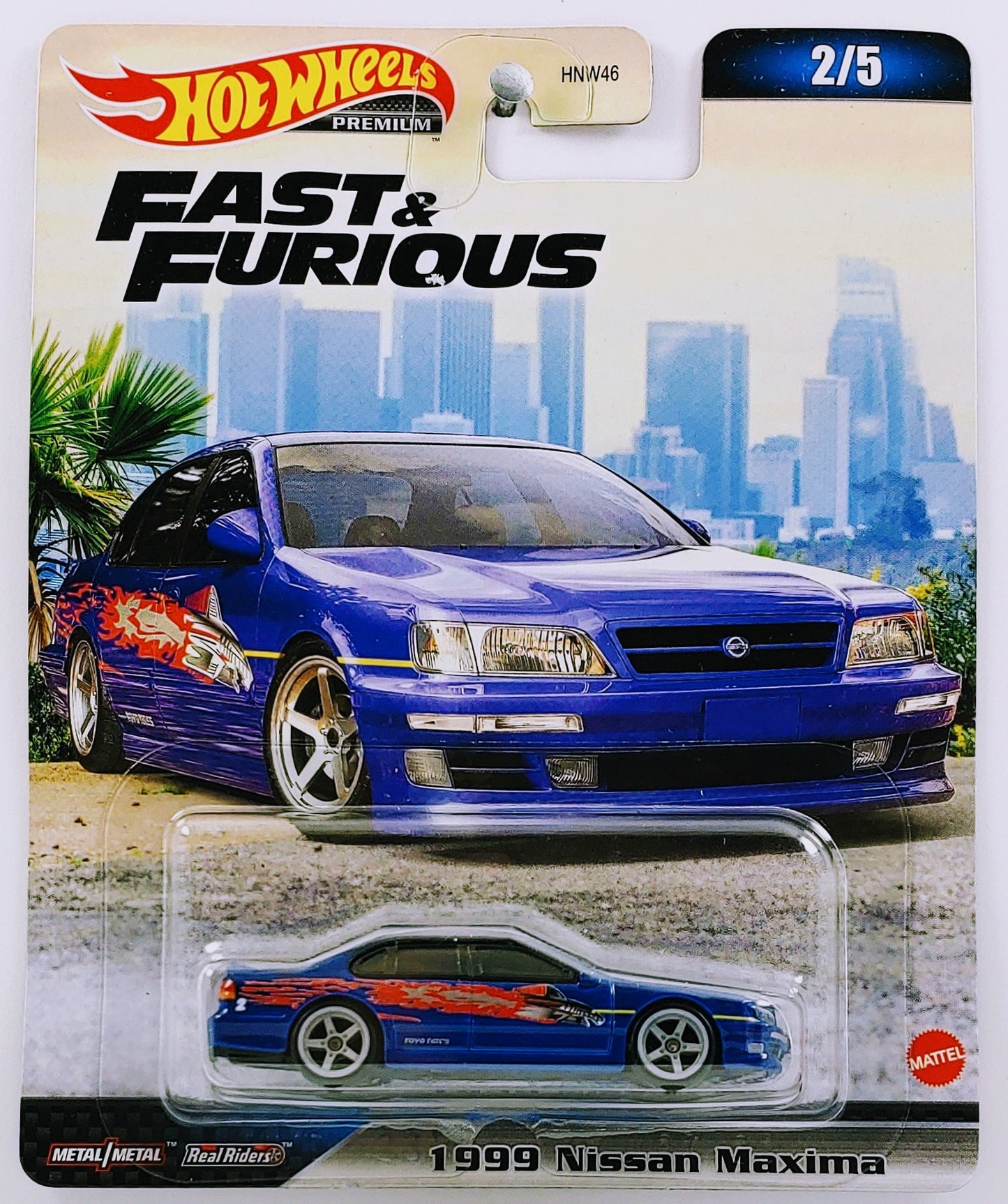 Hot Wheels 2023 - Premium / Fast & Furious # 2/5 - 1999 Nissan Maximum - Blue - Metal/Metal & Real Riders - Mix 3 - NEW Casting - Fast & Furious Card