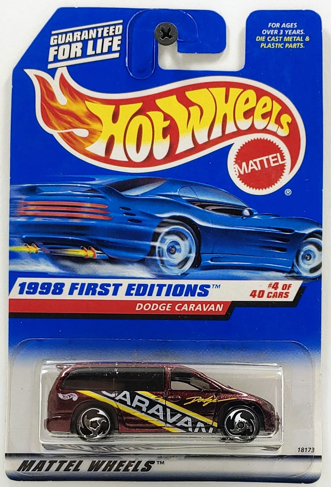 Hot Wheels 1998 - Collector # 633 - First Editions 4/45 - Dodge Caravan - Metallic Burgundy / "Caravan" - Sawblades - USA Blue Car Card