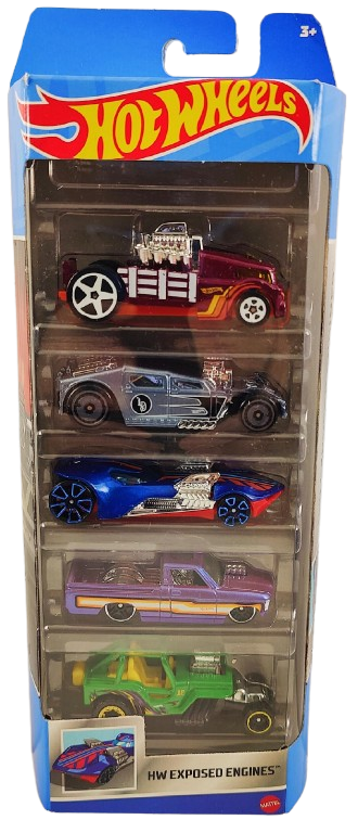 Hot Wheels 2023 - Gift Pack / 5 Pack - HW Exposed Engines - Crate Racer, Lethal Diesel, Twin Mill III, Custom '72 Chevy Luv & '42 Willy MB Jeep