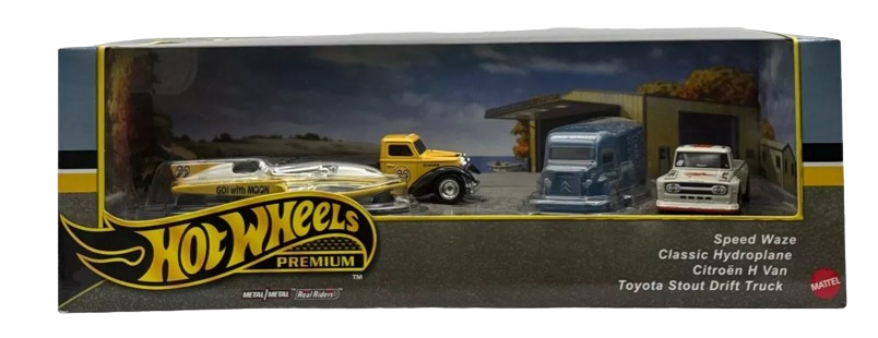 Hot Wheels 2024 - Premium / 4-Car Collector Set / Motorhead Madness - Speed Waze (Mooneyes), Classic Hydroplane (Mooneyes), Citroen H Van (Race Service) & Toyota Stout Drift Truck (Mobil Pegasus) - Metal/Metal & Real Riders - Diorama Display Box