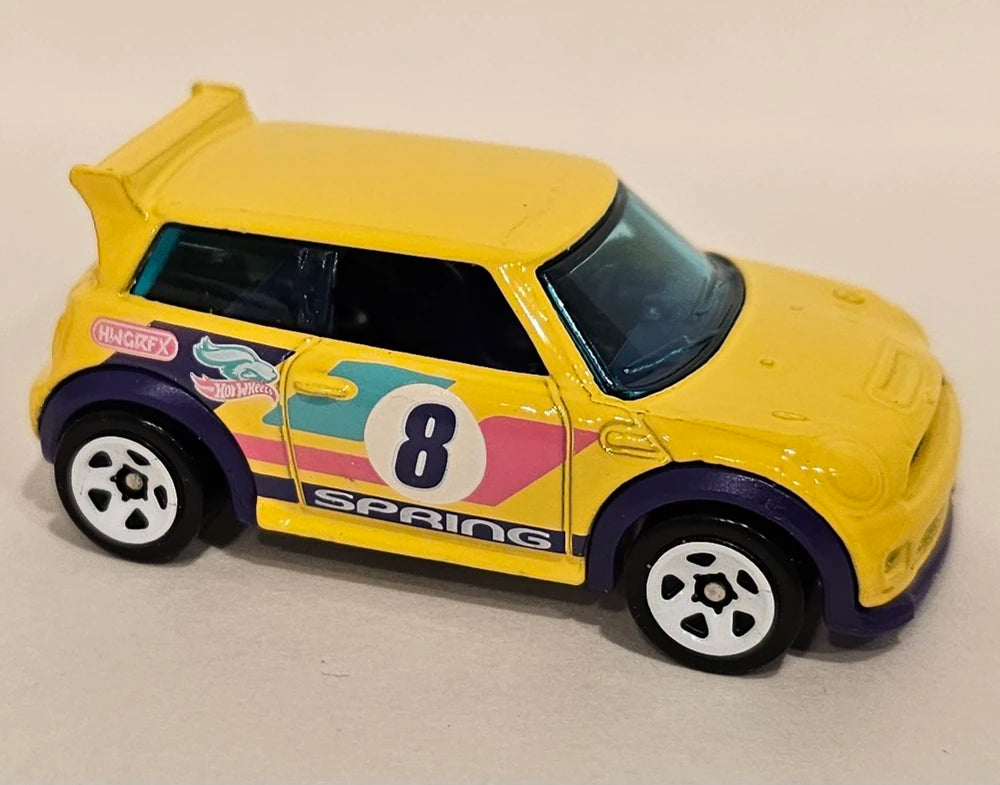 Hot Wheels 2024 - Theme / Easter / Spring 3/5 - Mini Cooper S Challenge - Yellow - White 5 Spoke Wheels - Spring Card