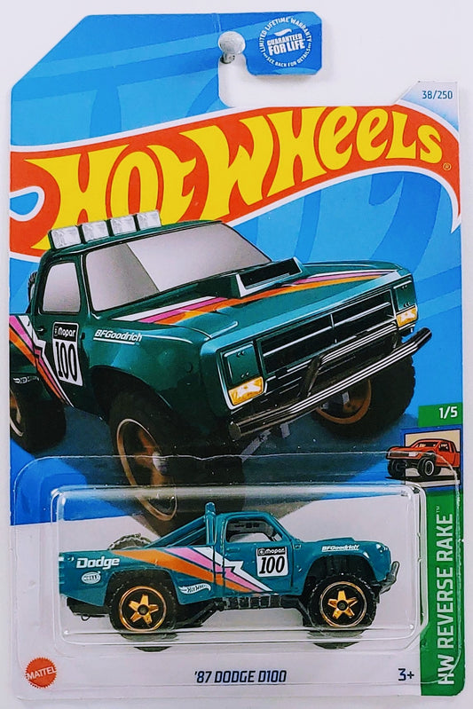 Hot Wheels 2024 - Colletor # 038/250 - HW Reverse Rake 1/5 - '87 Dodge D100 - Teal - USA Card