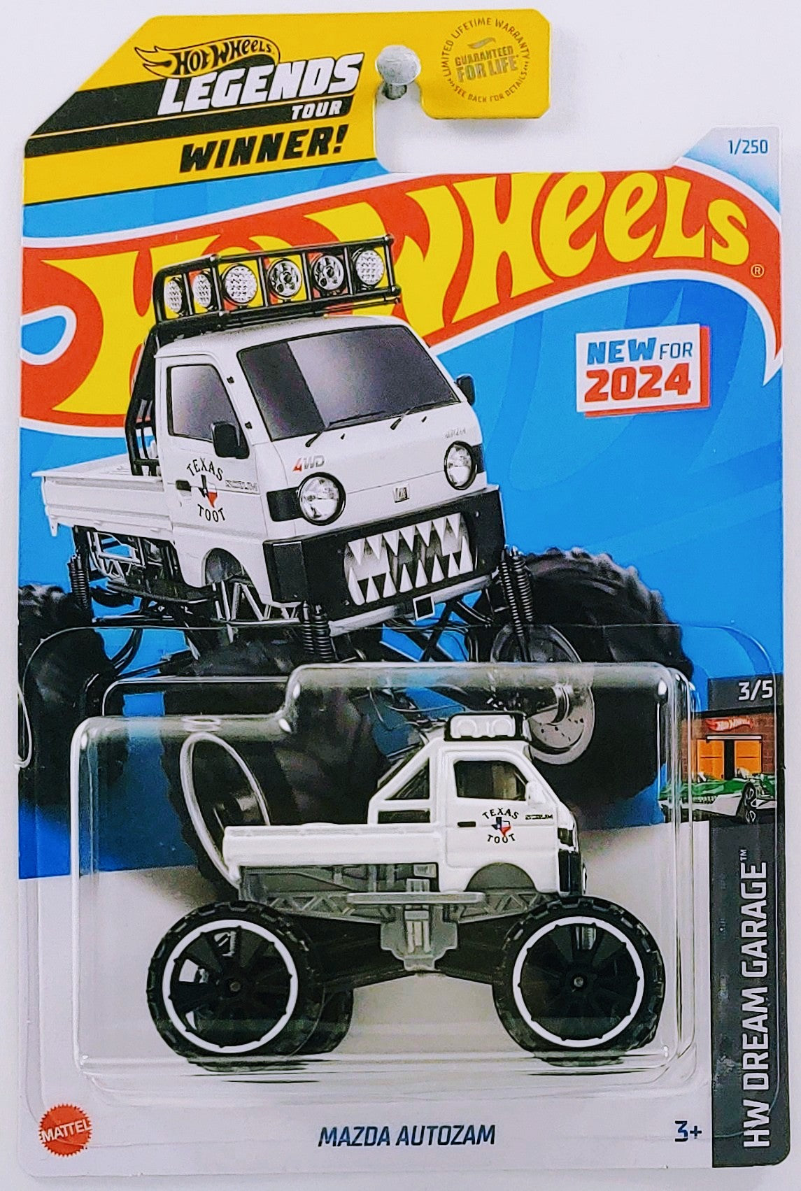 Hot Wheels 2024 - Collector # 001/250 - HW Dream Garage 3/5 - New Models - Legends Tour Winner - Mazda Autozam - White / Texas Toot - USA Card