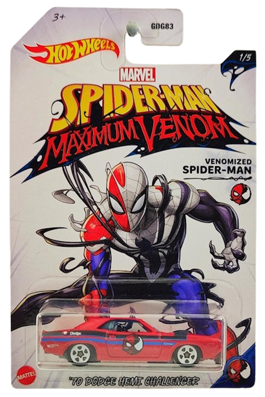 Hot Wheels 2020 - Theme / Spider-man / Maximum Venom 1/5 - '70 Dodge HEMI Challenger - Red / Venomized Spider-man - White 5 Spokes - Walmart Exclusive