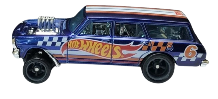 Hot Wheels 2021 - Collector # 232/250 - HW Race Team 7/10 - SUPER Treasure Hunts - '64 Nova Wagon Gasser - Candy Blue - Dark Gray Real Riders - International Card