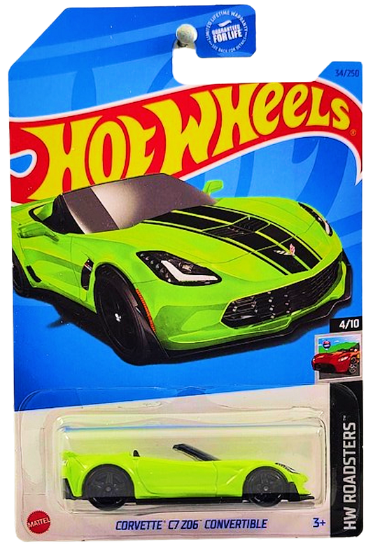 Hot Wheels 2023 - Collector # 034/250 - HW Roadsters 04/10 - Corvette C7 Z06 Convertible - Lime Green - Dollar General Exclusive - USA