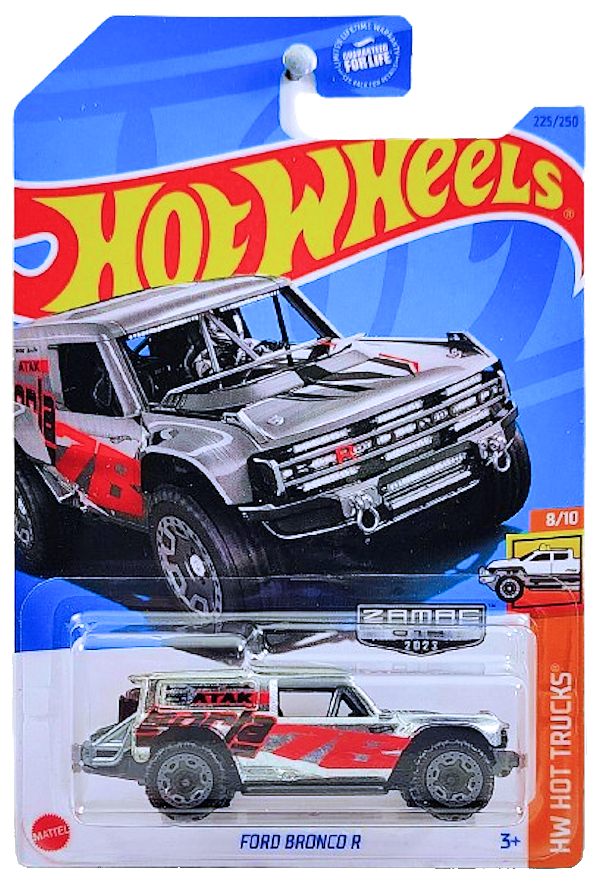 Hot Wheels 2023 - Collector # 225/250 - HW Hot Trucks 8/10 - ZAMAC # 012 - Ford Bronco R - ZAMAC - Gray BLOR Wheels - Walmart Exclusive - USA Card