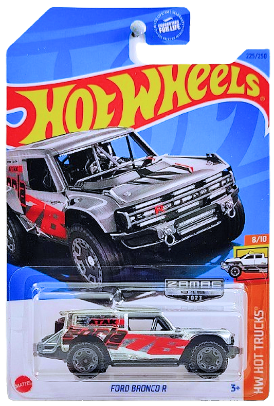 Hot Wheels 2023 - Collector # 225/250 - HW Hot Trucks 8/10 - ZAMAC # 012 - Ford Bronco R - ZAMAC - Gray BLOR Wheels - Walmart Exclusive - USA Card