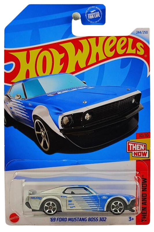 Hot Wheels 2023 - Collector # 244/250 - Then And Now 10/10 - '69 Ford Mustang Boss 302 - Silver Metallic / Ford Logo / Falken - Dollar General Exclusive - MC5 Wheels - USA Card