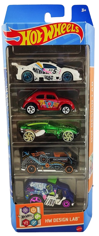 Hot Wheels 2023 - Gift Pack / 5 Pack - HW Design Lab - Amazoom, VW Bug, Forward Force, Custom '77 Dodge Van & Cool One