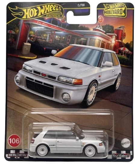 Hot Wheels 2024 - Premium / Boulevard # 106 - Mazda 323 GTR - White - Metal/Metal & Real Riders - Walmart Exclusive - New Casting