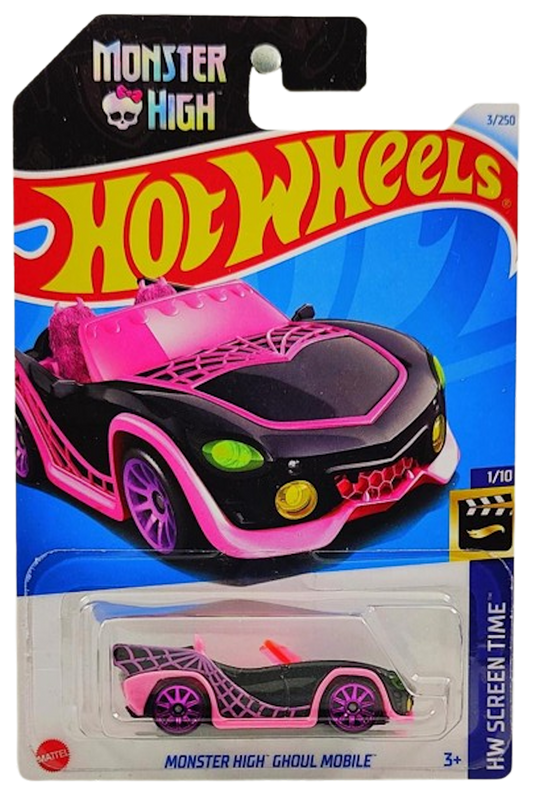 Hot Wheels 2024 - Collector # 003/250 - HW Screen Time 01/10 - New Models - Monster High Ghoul Mobile - Black - Pink Spider Web - International 'Monster High' Card