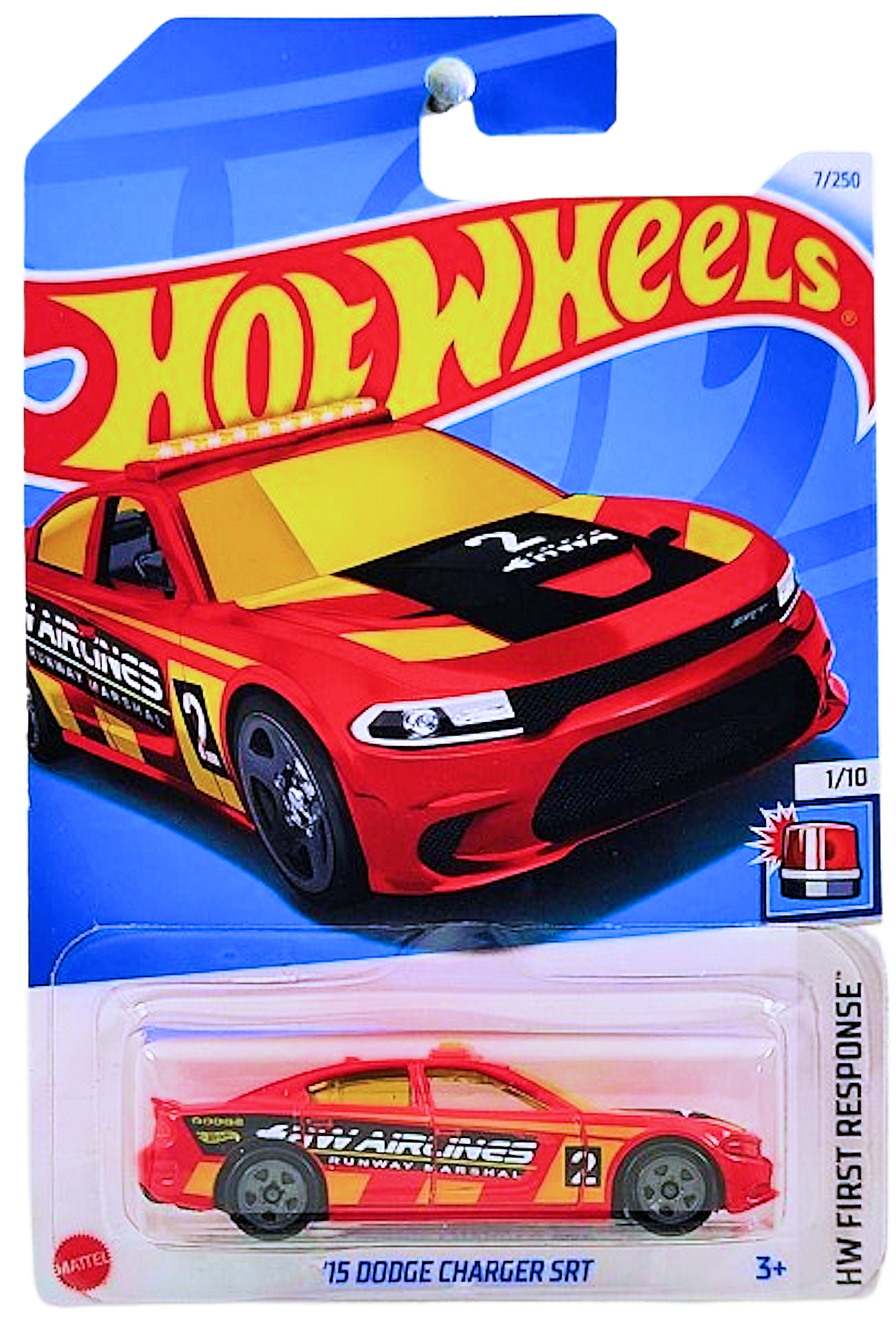 Hot Wheels 2024 - Collector # 007/250 - HW First Response 01/10 - '15 Dodge Charger SRT - Red - 'HW Airlines Runway Marshal' - IC