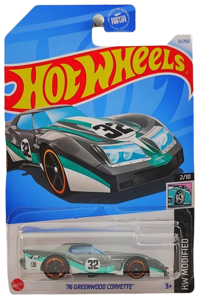 Hot Wheels 2024 - Collector # 011/250 - HW Modified 02/10 - '76 Greenwood Corvette - Metalflake Gray - '32' / White & Turquoise Stripes - MC5 Wheels - USA Card