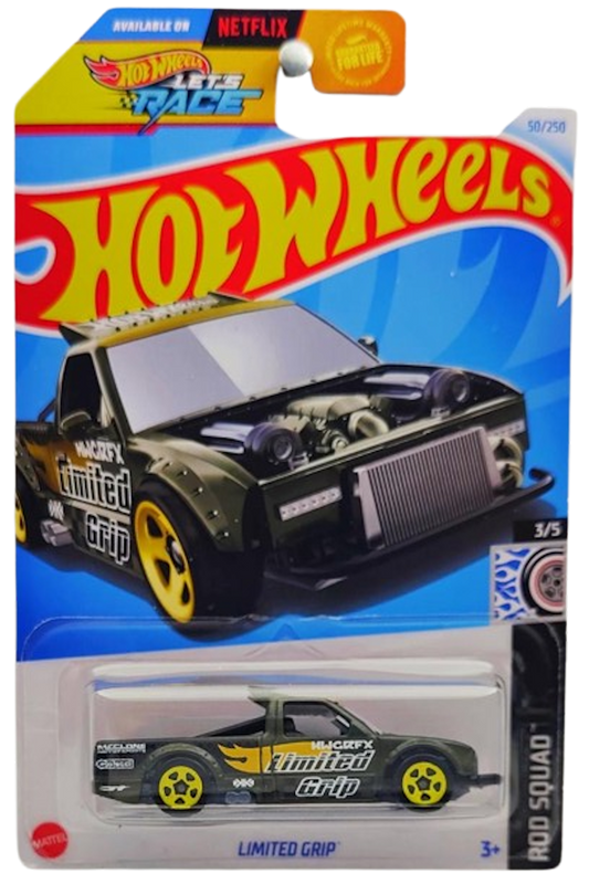 Hot Wheels 2024 - Collector # 050/250 - Rod Squad 03/05 - Limited Grip - Matte Dark Olive Green / 'HWGRFX' / Yellow Flame - Yellow 5SP Wheels - USA Card