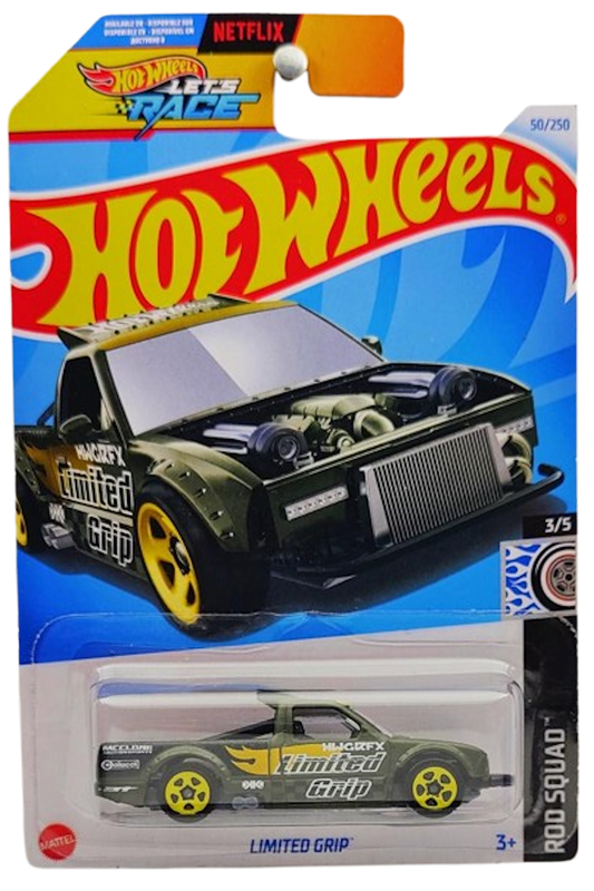 Hot Wheels 2024 - Collector # 050/250 - Rod Squad 03/05 - Limited Grip - Matte Dark Olive Green / 'HWGRFX' / Yellow Flame - Yellow 5SP Wheels - IC