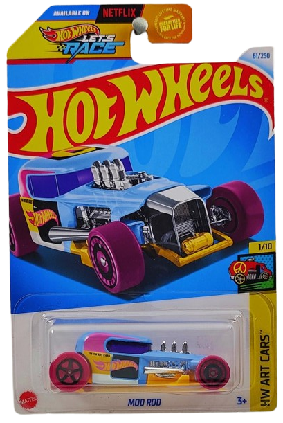 Hot Wheels 2024 - Collector # 061/250 - HW Art Cars 1/10 - Mod Rod - Matte Blue / "C" on Roof - Purple Tires, 5 Spokes Rear & Aero Disc Front - USA Card