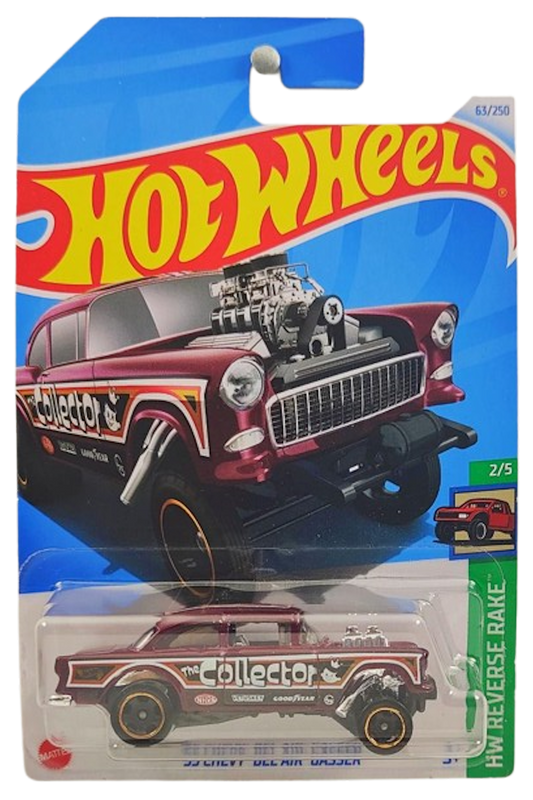 Hot Wheels 2024 - Collector # 063/250 - HW Reverse Rake 2/5 - '55 Chevy Bel Air Gasser - Metalflake Maroon / Collector - Ringed Black RSW - IC